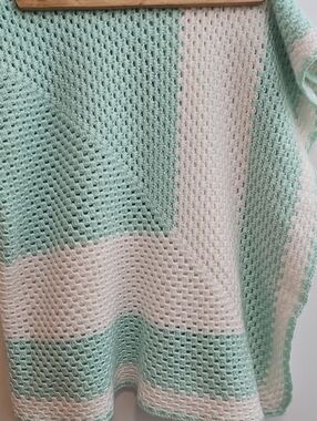 White And Green Hand Knitted Crochet Baby Blanket